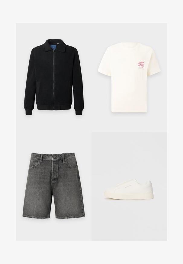 Black fleece jacket featuring a zip closure, stand collar, ribbed cuffs, and side pockets with a textured surface.; White short-sleeve T-shirt with red text "Studio Originals Edition" on left chest, displayed on a neutral gray background.; Dark gray denim shorts with a classic five-pocket design, button and zip closure, straight cut, and slight fading texture throughout.; White slip-on sneakers with a textured surface, a thick sole, and minimalistic design. Features brand logo on the side.