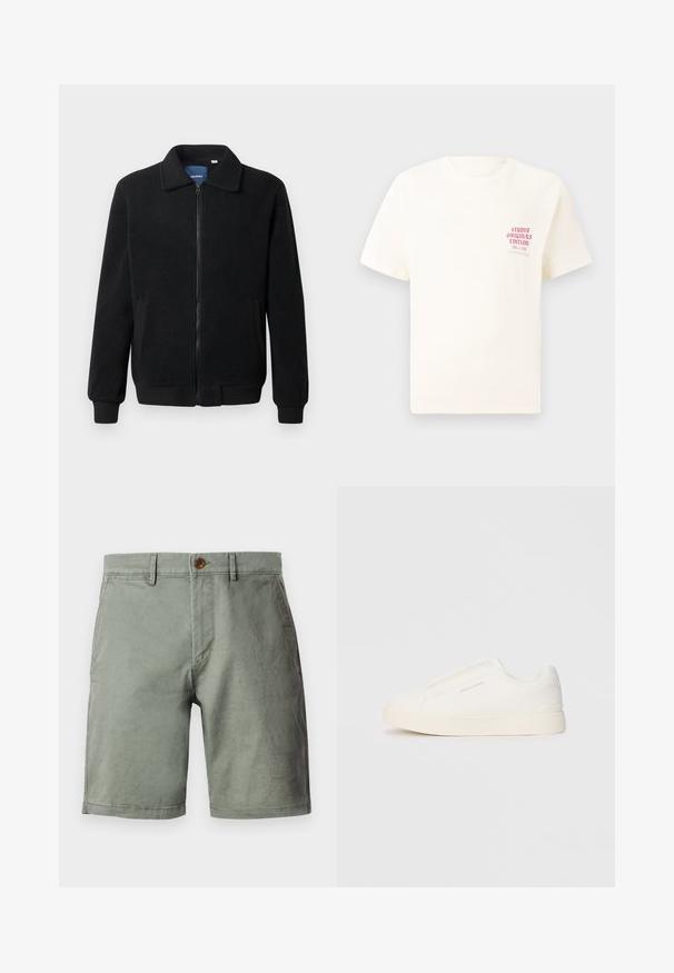 Svart fleece jakke med glidelås, høy krage, ribbestrikkede mansjetter og sidelommer med strukturert overflate.; Hvit T-skjorte med korte ermer og rød tekst "Studio Originals Edition" på venstre bryst, vist på en nøytral grå bakgrunn.; Lys grønne shortser laget av bomullsblanding, med knappelukking foran, beltedekor, og flatt frontdesign. Glatt tekstur, kne-lengde.; Hvite slip-on joggesko med teksturert overflate, tykk såle og minimalistisk design. Har merkevarelogo på siden.