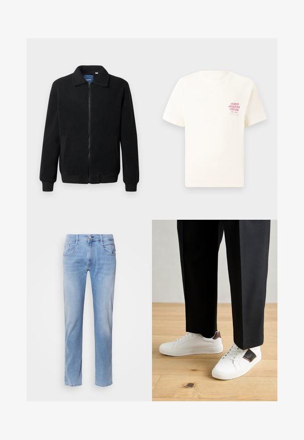Fekete bolyhos dzseki cipzárral, állógallérral, bordázott mandzsettákkal és oldalzsebekkel, textúrált felülettel.; Fehér, rövid ujjú póló, bal mellen piros szöveggel "Studio Originals Edition", semleges szürke háttér előtt.; Világoskék farmernadrág, egyenes szabású, öt zsebes kialakítással és elől gombos záródással. Kopottas textúrával és finom elhalványulással.; Fehér sneaker, sima textúrával, barna bőr díszítéssel és fekete részletekkel, fekete szabott nadrággal párosítva. Fából készült padló háttér.