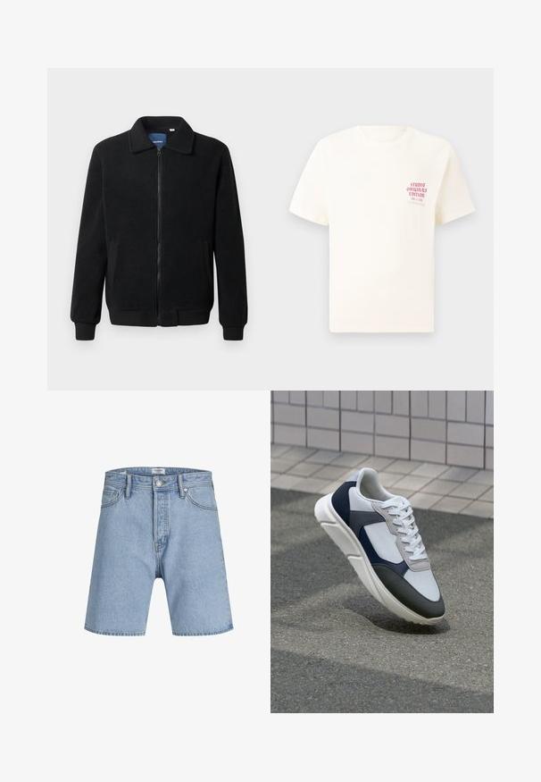 Zwarte fleece jas met een ritssluiting, staande kraag, ribgebreide manchetten en zijzakken met een textuur.; Witte T-shirt met korte mouwen met rode tekst "Studio Originals Edition" op de linker borst, weergegeven op een neutrale grijze achtergrond.; Jack & Jones ITONY ORIGINAL - Jeansshort - blue denim; Witte, marineblauwe en grijze sneaker met een gemengde materiaald ontwerp, met een gestructureerde bovenkant, platte veters en een gevoerde zool.