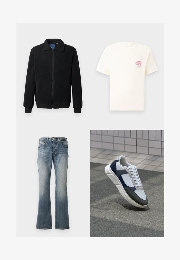 Μαύρο φλις μπουφάν με κλείσιμο με φερμουάρ, όρθιο γιακά, λαστιχένια μανίκια και πλάγιες τσέπες με υφή.; Άσπρη κοντομάνικη μπλούζα με κόκκινο κείμενο "Studio Originals Edition" στο αριστερό στήθος, παρουσιασμένη σε ουδέτερο γκρι φόντο.; Μπλε ξεθωριασμένα τζιν παντελόνια με ελαφρώς φαρδύ πόδι, πέντε τσέπες και κλείσιμο με κουμπί στη μέση.; Λευκά, ναυτικά και γκρι sneakers με σχέδιο από μικτά υλικά, που διαθέτουν υφή στο πάνω μέρος, επίπεδα κορδόνια και μαλακή σόλα.