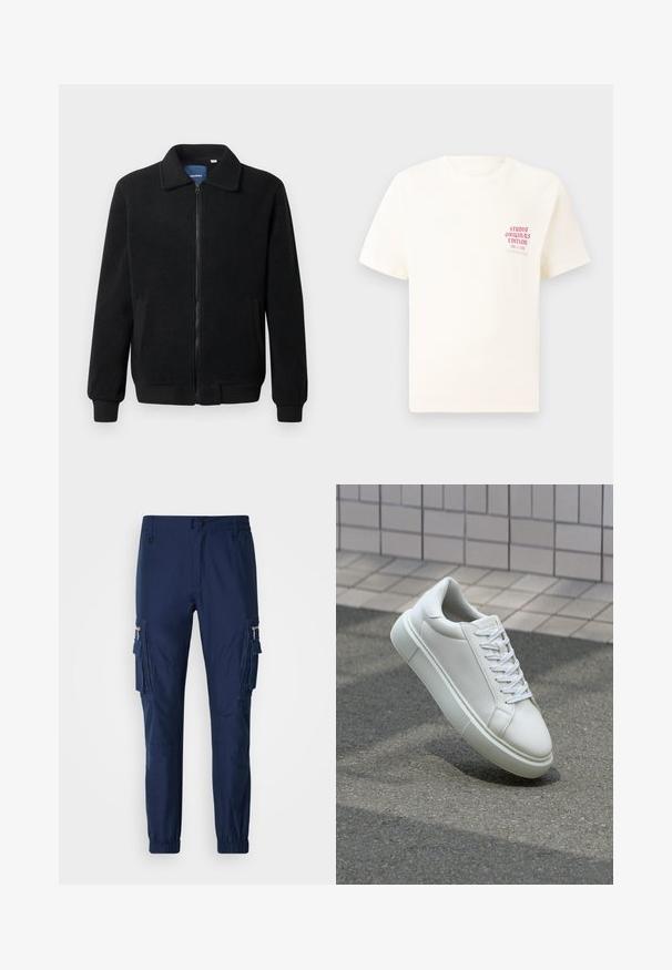 Musta fleece-takki, jossa on vetoketjulla suljettavat, pystykaulus, ribbireunat ja sivutaskut, joissa on teksturoitu pinta.; Valkoinen lyhythihainen t-paita, jossa on punainen teksti "Studio Originals Edition" vasemmalla rinnalla, esitetty neutraalilla harmaalla taustalla.; Laivaston kammottavat housut, jotka on valmistettu kevyestä kankaasta. Niissä on sivutaskut, joustavat hihnat ja vetoketjullinen tasku.; Valkoinen nahkainen lenkkari, jossa on sileä pinta, pyöreä kärki ja tasaiset valkoiset nauhat. Varustettu teksturoidulla kumi-pohjalla ja vähäisillä muotoiluelementeillä.