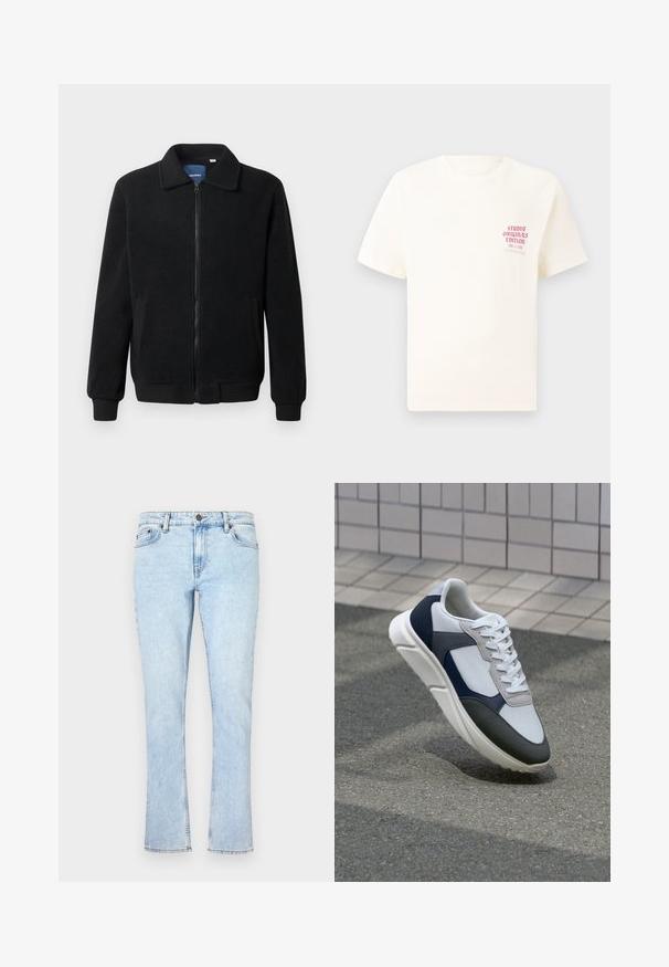 Musternahk fleece-jakk musternahaga, tõmblukk, seisev kaelus, soonikkoes varrukad ja küljetaskud tekstuurse pinnaga.; Valge lühikeste varrukatega T-särk, millel on vasakul rinnal punane tekst "Studio Originals Edition", esitatud neutraalsel hallil taustal.; Heledad sinine teksapüksid sirge säärega, varustatud nööbi kinnitusega, viie tasku ja peene hägustusega tekstuuri jaoks.; Valge, mereväe sinine ja hall spordijalats, millel on segatud materjalide disain, tekstureeritud ülemine osa, lame pael ja pehme talla.