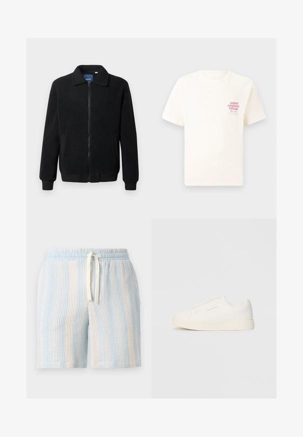 Sort fleecejakke med lynlås, opretstående krave, ribbede manchetter og sidelommer med en tekstureret overflade.; Hvid kortermet T-shirt med rød tekst "Studio Originals Edition" på venstre bryst, vist på en neutral grå baggrund.; Lette, strukturerede shorts med et blåt og hvidt stribet mønster. Har en elastisk talje og en snøre lukning.; Hvide slip-on sneakers med en struktureret overflade, en tyk sål og et minimalistisk design. Har brandlogoet på siden.