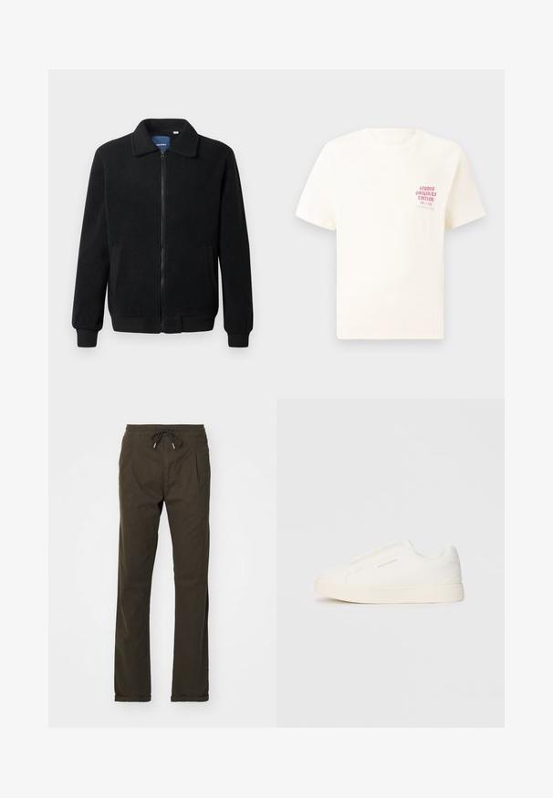 Casaco de polar preto com fecho de correr, gola alta, punhos canelados e bolsos laterais com uma superfície texturizada.; T-shirt branca de mangas curtas com o texto vermelho "Edição Originais do Estúdio" no lado esquerdo do peito, apresentada sobre um fundo cinza neutro.; Calças castanhas com cordão, feitas de tecido suave, apresentando bolsos laterais e um ajuste descontraído, com as bainhas enroladas.; Sapatilhas brancas de atacar com uma superfície texturizada, sola grossa e design minimalista. Possui o logo da marca na lateral.