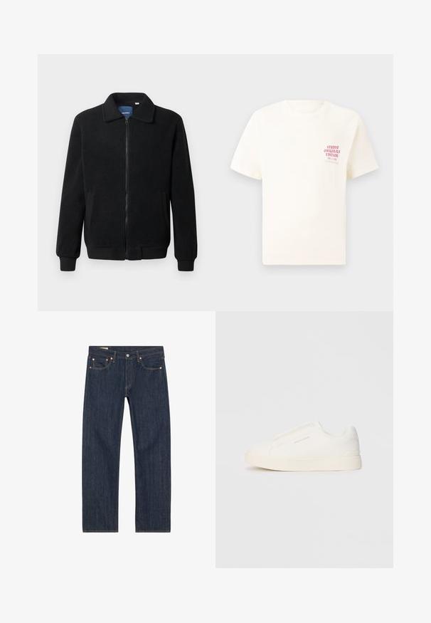 Svart fleecjacka med dragkedja, ståkrage, ribbade muddar och sidofickor med texturerad yta.; Vit kortärmad T-shirt med röd text "Studio Originals Edition" på vänster bröst, är uppställd på en neutral grå bakgrund.; Mörkblå denimjeans med rak passform, prydda med kopparnitar, gula sömmar och framfickor. Slät textur med minimala designdetaljer.; Vita slip-on sneakers med en texturerad yta, en tjock sula och minimalistisk design. Har varumärkeslogotypen på sidan.