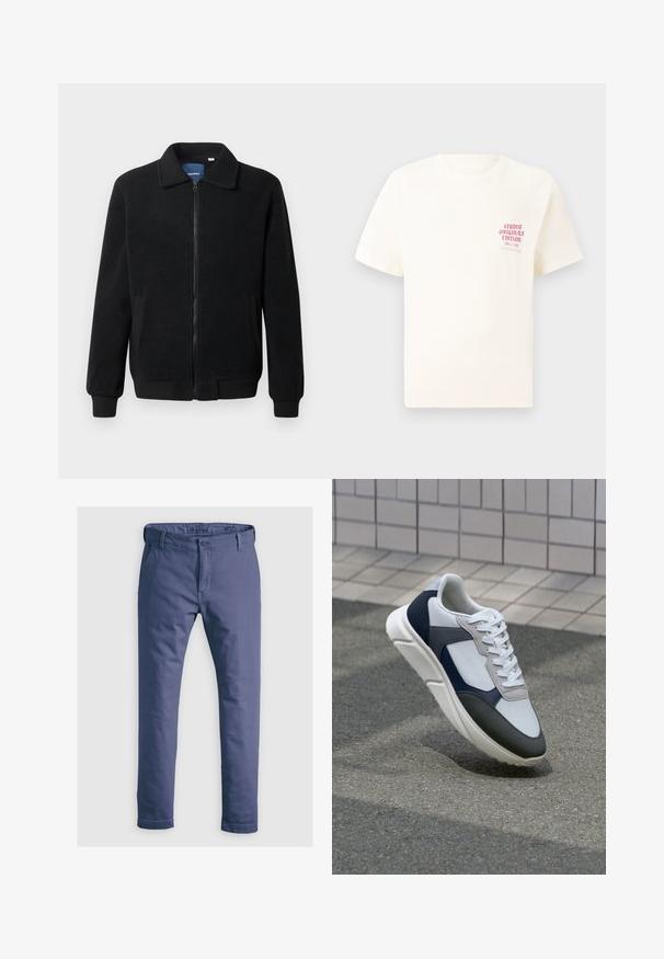 Juodas fliso džemperis su užtrauktuku, stovinčia apykakle, gumuotais rankogaliais ir šoninėmis kišenėmis, turinčiomis tekstūruotą paviršių.; Balta trumpa rankovėmis marškinėliai su raudonu užrašu "Studio Originals Edition" kairiajame krūtinės šone, rodomi neutralioje pilkoje aplinkoje.; Mėlynos medvilninės chinos kelnės su glotnia tekstūra, siauras kirpimas, diržo kilpos, mygtukų užtrauktukas ir sukamučios apačios. Su prekinio ženklo etiketė ant liemens.; Baltos, tamsiai mėlynos ir pilkos sportbačiai su mišriomis medžiagomis, turintys tekstūruotą viršutinę dalį, plokščius raištelius ir paminkštintą pado dalį.