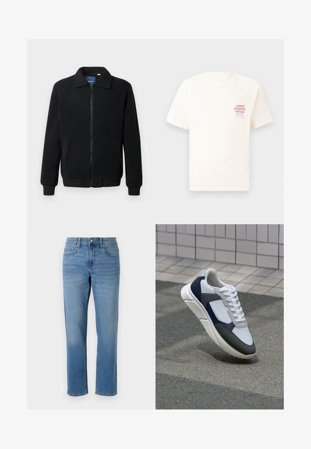 Black fleece jacket featuring a zip closure, stand collar, ribbed cuffs, and side pockets with a textured surface.; White short-sleeve T-shirt with red text "Studio Originals Edition" on left chest, displayed on a neutral gray background.; Light blue denim jeans with a straight-leg cut, five-pocket design, a button closure, and contrast stitching along the seams.; White, navy, and gray sneaker with a mixed material design, featuring a textured upper, flat laces, and a cushioned sole.