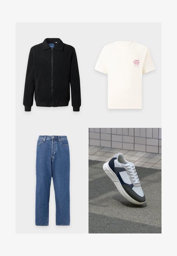 Black fleece jacket featuring a zip closure, stand collar, ribbed cuffs, and side pockets with a textured surface.; White short-sleeve T-shirt with red text "Studio Originals Edition" on left chest, displayed on a neutral gray background.; Blue denim jeans featuring a loose fit, five-pocket design, and front button closure. The fabric shows a faded wash with subtle texture.; White, navy, and gray sneaker with a mixed material design, featuring a textured upper, flat laces, and a cushioned sole.