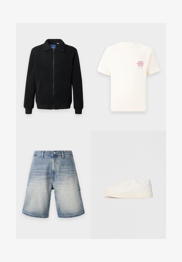 Črna flis jakna z zadrgo, stoječim ovratnikom, rebrastimi zapestji in stranskimi žepi s teksturirano površino.; Bela majica s kratkimi rokavi z rdečim napisom "Studio Originals Edition" na levi strani prsnega koša, prikazana na nevtralnem sivo backgroundu.; Denimske kratke hlače v zbledeli modri barvi, ohlapnega kroja in ravnega rezanja. Imajo pet žepov in ozke zanke za pas ter diskreten izdrgnjen vzorec.; Bele zapete brez vezalk z teksturirano površino, debelim podplatom in minimalističnim dizajnom. Na strani se nahaja logotip blagovne znamke.