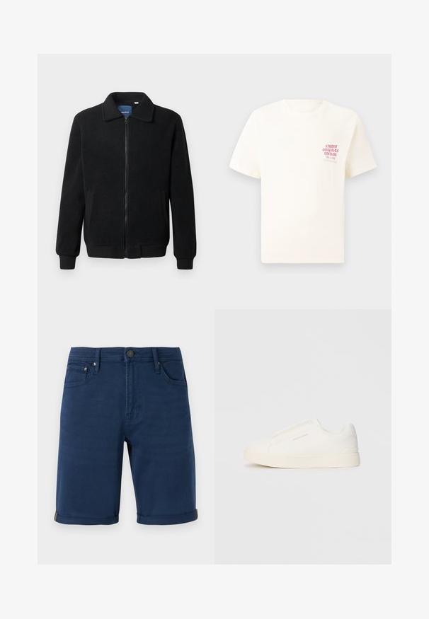 Zwarte fleece jas met een ritssluiting, staande kraag, ribgebreide manchetten en zijzakken met een textuur.; Witte T-shirt met korte mouwen met rode tekst "Studio Originals Edition" op de linker borst, weergegeven op een neutrale grijze achtergrond.; Marineblauwe denim shorts met een rechte snit, omgeslagen zoom, vijf zakken en metalen knoopdetails. Gladde textuur en effen kleur.; Witte instap sneakers met een gestructureerd oppervlak, een dikke zool en een minimalistisch ontwerp. Bevat het merklogo aan de zijkant.