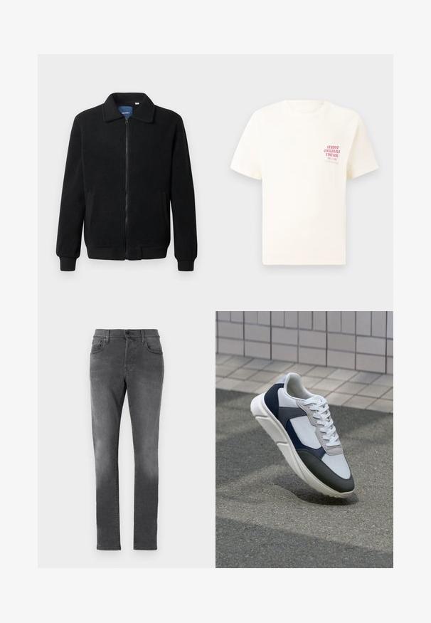 Crni flis jakna s zatvaranjem na zip, stojećim ovratnikom, rebrastim manžetama i bočnim džepovima s teksturiranom površinom.; Bijela kratka majica s kratkim rukavima s crvenim natpisom "Studio Originals Edition" na lijevoj strani grudi, prikazana na neutralnoj sivoj pozadini.; Sive traperice s ravnim nogavicama, pet džepova i kopčanjem na dugme. Tkanina ima izblijedjeli izgled i suptilne detalje pranja.; Bijela, mornarsko plava i siva tenisica s dizajnom od miješanih materijala, koja ima teksturirani gornji dio, ravne vezice i udoban đon.