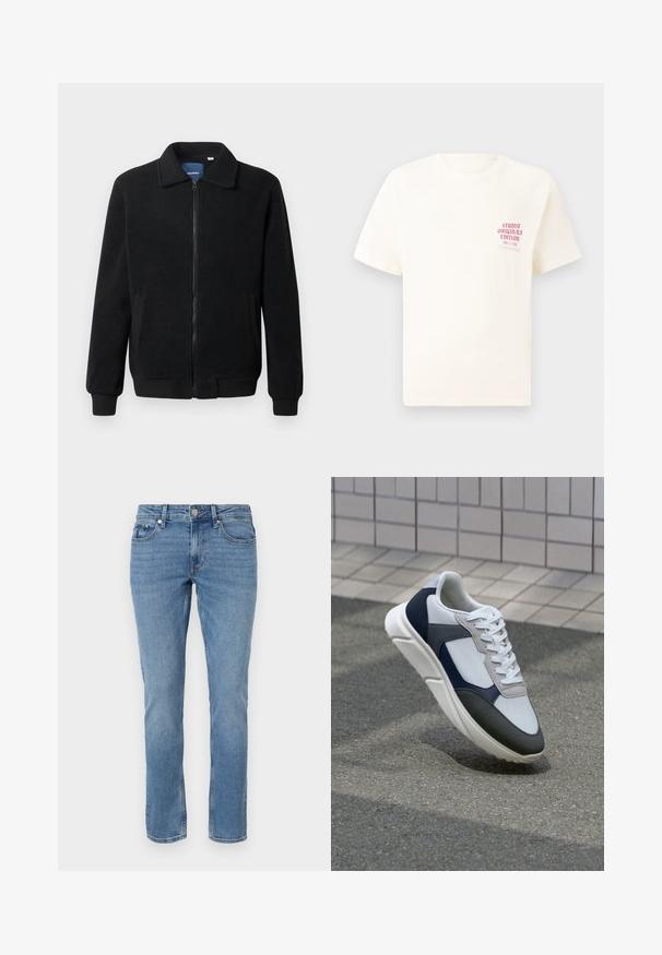 Svart fleecjacka med dragkedja, ståkrage, ribbade muddar och sidofickor med texturerad yta.; Vit kortärmad T-shirt med röd text "Studio Originals Edition" på vänster bröst, är uppställd på en neutral grå bakgrund.; Blå raka denimjeans med framfickor, bälteshällor och knäppning.; Vit, marinblå och grå sneaker med en blandad materialdesign, som har ett texturerat ovandel, platta snören och en vadderad sula.