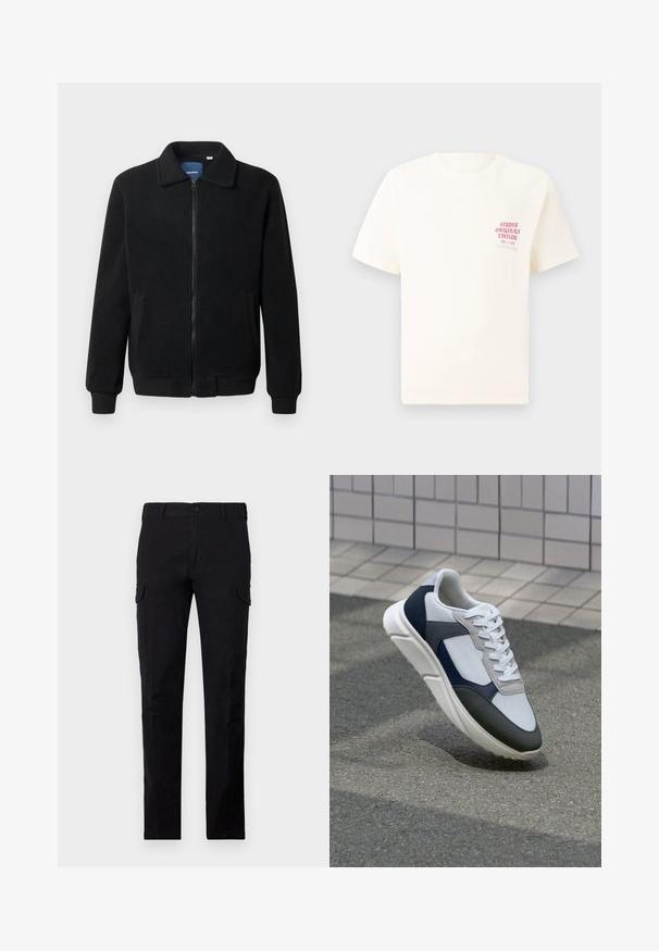 Svart fleece jakke med glidelås, høy krage, ribbestrikkede mansjetter og sidelommer med strukturert overflate.; Hvit T-skjorte med korte ermer og rød tekst "Studio Originals Edition" på venstre bryst, vist på en nøytral grå bakgrunn.; Svart cargo bukser laget av slitesterkt stoff, med vanlig passform, knappelukking og to sidelommer. Enkelt stoff uten mønstre.; Hvitt, marineblått og grått sportsko med en blandet materialdesign, som har en teksturert overdel, flate snørebånd og en polstret såle.
