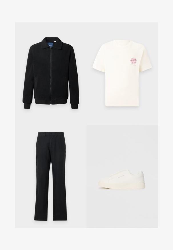 Casaco de polar preto com fecho de correr, gola alta, punhos canelados e bolsos laterais com uma superfície texturizada.; T-shirt branca de mangas curtas com o texto vermelho "Edição Originais do Estúdio" no lado esquerdo do peito, apresentada sobre um fundo cinza neutro.; Calças pretas feitas de um material leve, ajuste sob medida, pernas retas, com fecho de botão e bolsos frontais. Textura suave.; Sapatilhas brancas de atacar com uma superfície texturizada, sola grossa e design minimalista. Possui o logo da marca na lateral.