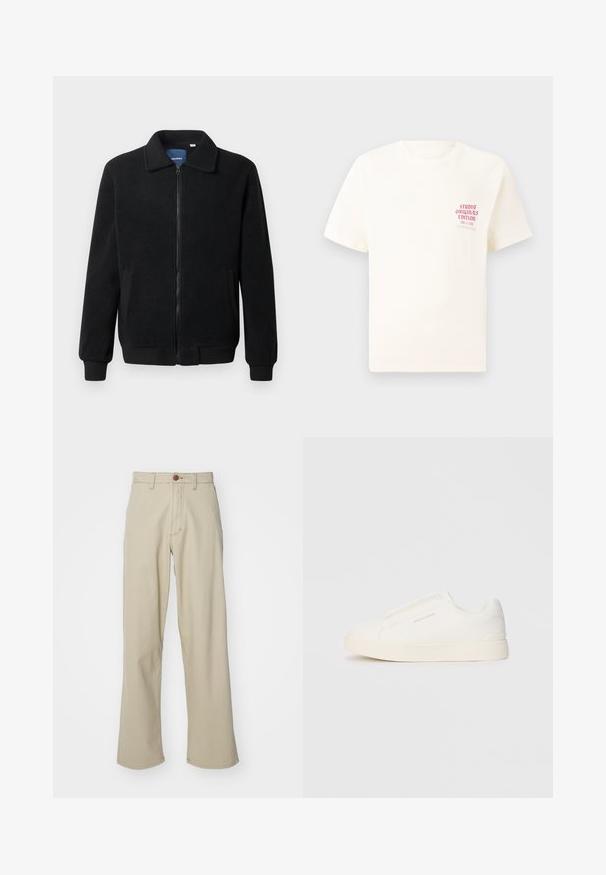 Black fleece jacket featuring a zip closure, stand collar, ribbed cuffs, and side pockets with a textured surface.; White short-sleeve T-shirt with red text "Studio Originals Edition" on left chest, displayed on a neutral gray background.; Beige cotton trousers with a straight leg design, featuring a visible button closure and subtle stitching details. Smooth texture, no patterns.; White slip-on sneakers with a textured surface, a thick sole, and minimalistic design. Features brand logo on the side.