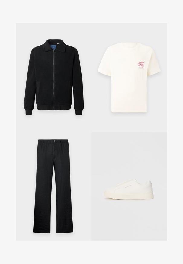 Black fleece jacket featuring a zip closure, stand collar, ribbed cuffs, and side pockets with a textured surface.; White short-sleeve T-shirt with red text "Studio Originals Edition" on left chest, displayed on a neutral gray background.; Black linen trousers with a relaxed fit, featuring an elasticated waist and button detail, showcasing a smooth texture and wide-leg design.; White slip-on sneakers with a textured surface, a thick sole, and minimalistic design. Features brand logo on the side.