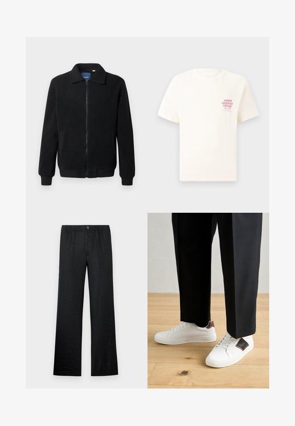 Veste en polaire noire avec fermeture éclair, col montant, poignets côtelés et poches latérales avec une surface texturée.; T-shirt blanc à manches courtes avec le texte rouge "Édition Originals du Studio" sur la poitrine gauche, présenté sur un fond gris neutre.; Pantalons en lin noir à coupe décontractée, dotés d'une taille élastique et d'un détail en bouton, mettant en valeur une texture lisse et un design à jambes larges.; Des sneakers blanches au texture lisse, avec des accents en cuir marron et des détails noirs, assorties à un pantalon noir ajusté. Fond en parquet.
