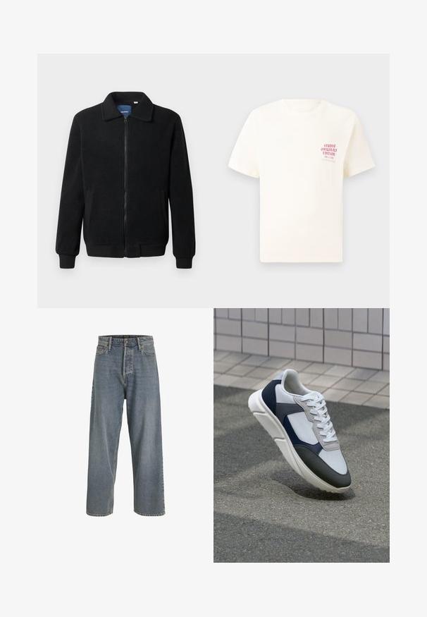 Črna flis jakna z zadrgo, stoječim ovratnikom, rebrastimi zapestji in stranskimi žepi s teksturirano površino.; Bela majica s kratkimi rokavi z rdečim napisom "Studio Originals Edition" na levi strani prsnega koša, prikazana na nevtralnem sivo backgroundu.; Svetlo modri široki jeansi iz džinsa z visokim pasom, oblikom petih žepov in vidnimi šivi. Mehka tekstura z rahlo zbledelim videzom.; Bela, mornarsko modra in siva športna obutev z mešano materialno zasnovo, ki vključuje teksturirano zgornji del, ravne vezalke in oblazinjen podplat.