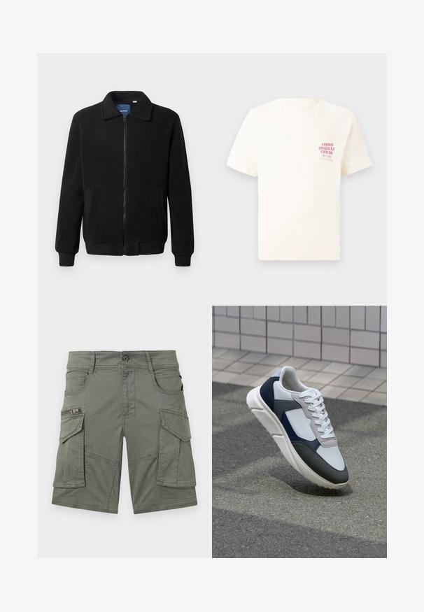 Schwarze Fleecejacke mit Reißverschluss, Stehkragen, gerippten Bündchen und seitlichen Taschen mit strukturiertem Oberflächenmaterial.; Weißes T-Shirt mit kurzen Ärmeln und rotem Text "Studio Originals Edition" auf der linken Brust, präsentiert vor einem neutralen grauen Hintergrund.; Olivgrüne Cargo-Shorts aus einem Baumwollmischgewebe. Verfügt über mehrere Taschen, darunter eine Reißverschlusstasche, sowie strapazierfähige Nähte.; Weißer, marineblauer und grauer Sneaker mit einem Materialmix-Design, das ein strukturiertes Obermaterial, flache Schnürsenkel und eine gepolsterte Sohle aufweist.
