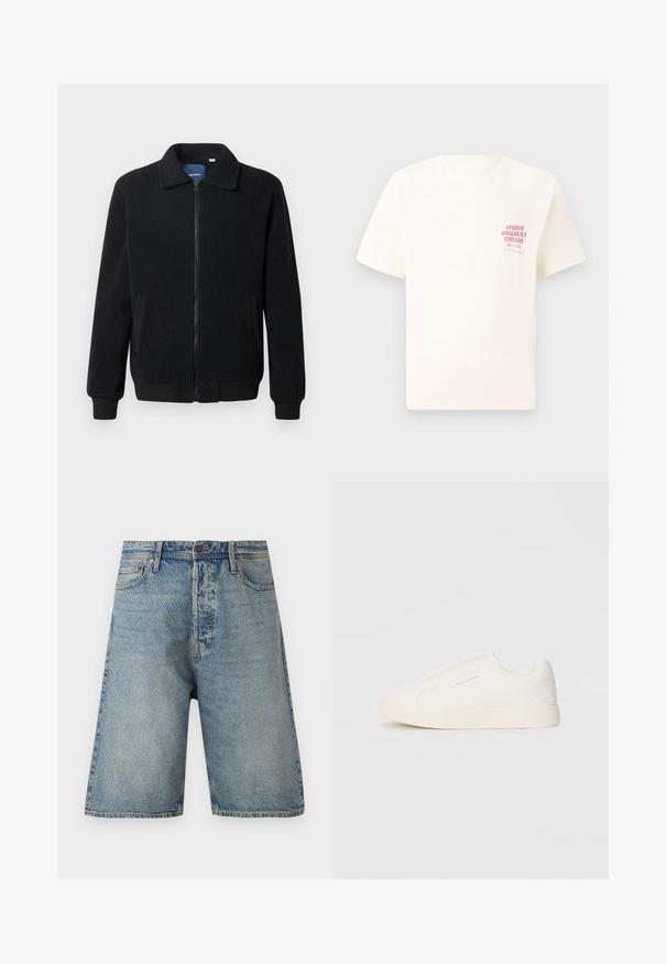 Musta fleece-takki, jossa on vetoketjulla suljettavat, pystykaulus, ribbireunat ja sivutaskut, joissa on teksturoitu pinta.; Valkoinen lyhythihainen t-paita, jossa on punainen teksti "Studio Originals Edition" vasemmalla rinnalla, esitetty neutraalilla harmaalla taustalla.; Farkkushortsit, joissa on vaaleansininen pesu, viisi taskua ja suora leikkaus. Kestävä kangas, jossa on näkyvät saumat ja nappisuljenta.; Valkoiset liukusukat, joissa on teksturoitu pinta, paksu pohja ja minimalistikot. Sivulla on brändin logo.