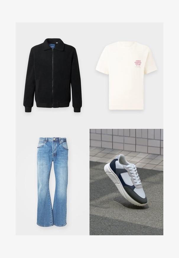 Casaco de polar preto com fecho de correr, gola alta, punhos canelados e bolsos laterais com uma superfície texturizada.; T-shirt branca de mangas curtas com o texto vermelho "Edição Originais do Estúdio" no lado esquerdo do peito, apresentada sobre um fundo cinza neutro.; Jeans de ganga azul-claro com um design de boca de sino, apresentando um estilo clássico de cinco bolsos, fecho com zíper e costura contrastante ao longo das costuras.; Sapatilhas brancas, azuis-marinho e cinzas com um design de materiais mistos, apresentando uma parte superior texturizada, atacadores planos e uma sola acolchoada.