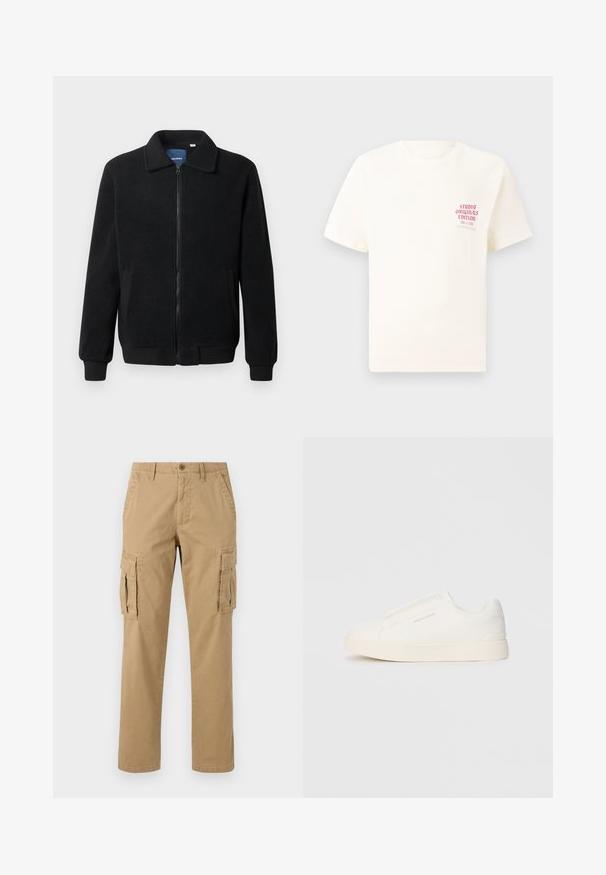 Black fleece jacket featuring a zip closure, stand collar, ribbed cuffs, and side pockets with a textured surface.; White short-sleeve T-shirt with red text "Studio Originals Edition" on left chest, displayed on a neutral gray background.; Beige cargo pants with two side pockets, a button closure, straight-leg design, and a soft, textured fabric.; White slip-on sneakers with a textured surface, a thick sole, and minimalistic design. Features brand logo on the side.