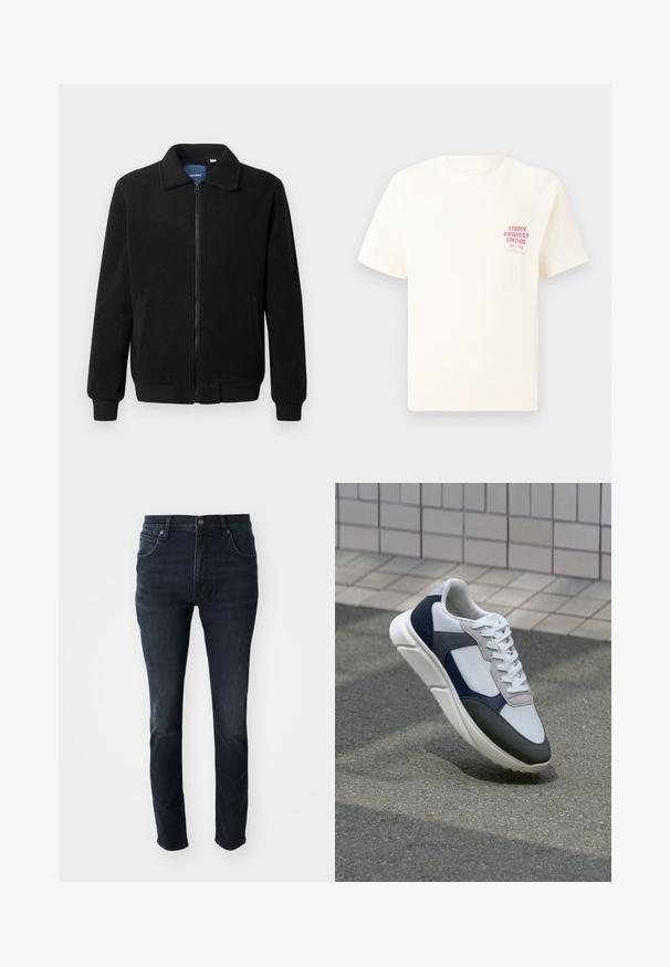 Černá fleecová bunda s zipovým uzávěrem, stojáčkem, vroubkovanými manžetami a bočními kapsami s texturovaným povrchem.; Bílý krátký rukávový tričko s červeným textem "Studio Originals Edition" na levé hrudi, vystavené na neutrálním šedém pozadí.; Tmavě modré džíny s rovnými nohavicemi, designem s pěti kapsami a jemným efektom vyblednutí na stehnech, s kovovým zapínáním na knoflík.; Bílé, námořnické a šedé tenisky s kombinovaným materiálovým designem, který zahrnuje texturovaný svršek, ploché šňůrky a polstrovanou podešev.