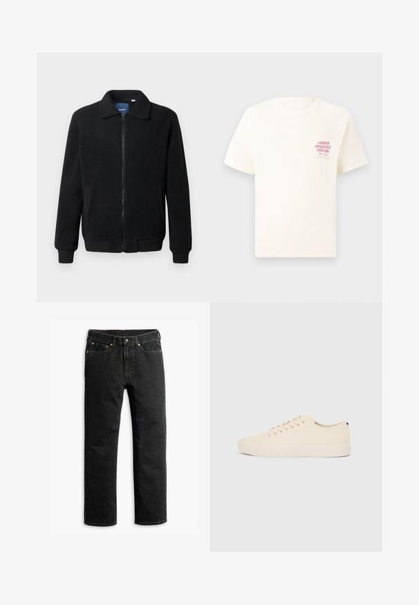 Casaco de polar preto com fecho de correr, gola alta, punhos canelados e bolsos laterais com uma superfície texturizada.; T-shirt branca de mangas curtas com o texto vermelho "Edição Originais do Estúdio" no lado esquerdo do peito, apresentada sobre um fundo cinza neutro.; Jeans de ganga pretos com perna reta, cinco bolsos, cintos e um fecho de botão na cintura, deitados sobre um fundo branco.; Sapatilhas de lona bege com biqueira redonda, sola de borracha plana e atacadores à frente. Apresentam um design minimalista e um detalhe preto contrastante no calcanhar.