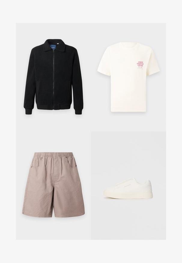 Schwarze Fleecejacke mit Reißverschluss, Stehkragen, gerippten Bündchen und seitlichen Taschen mit strukturiertem Oberflächenmaterial.; Weißes T-Shirt mit kurzen Ärmeln und rotem Text "Studio Originals Edition" auf der linken Brust, präsentiert vor einem neutralen grauen Hintergrund.; Beige Baumwollshorts mit elastischem Bund, zwei Seitentaschen und subtilen Steppnähten. Glatte Textur, knielanges Design.; Weiße Slip-On-Sneaker mit einer strukturierten Oberfläche, dicker Sohle und minimalistischem Design. Mit Logo der Marke an der Seite.