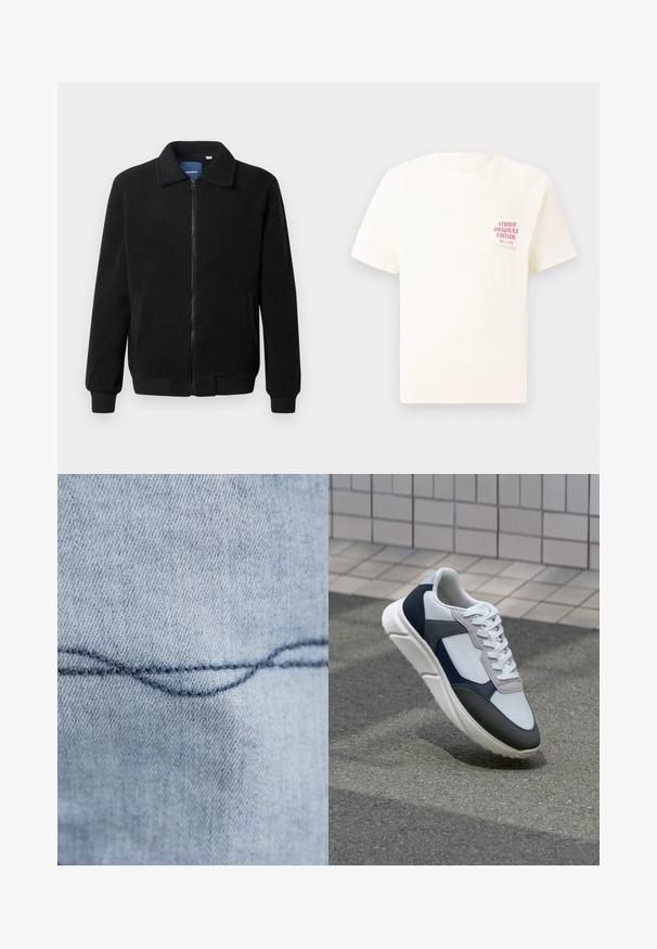 Casaco de polar preto com fecho de correr, gola alta, punhos canelados e bolsos laterais com uma superfície texturizada.; T-shirt branca de mangas curtas com o texto vermelho "Edição Originais do Estúdio" no lado esquerdo do peito, apresentada sobre um fundo cinza neutro.; Tecido de denim azul claro com uma costura curva visível. A textura parece suave, com costura consistente em linha azul escura.; Sapatilhas brancas, azuis-marinho e cinzas com um design de materiais mistos, apresentando uma parte superior texturizada, atacadores planos e uma sola acolchoada.