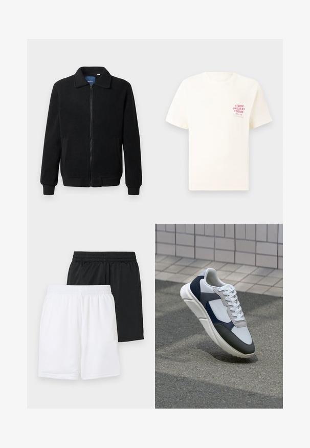 Schwarze Fleecejacke mit Reißverschluss, Stehkragen, gerippten Bündchen und seitlichen Taschen mit strukturiertem Oberflächenmaterial.; Weißes T-Shirt mit kurzen Ärmeln und rotem Text "Studio Originals Edition" auf der linken Brust, präsentiert vor einem neutralen grauen Hintergrund.; Zwei Paare Sportshorts: eine schwarze, eine weiße. Beide verfügen über einen elastischen Bund und eine atmungsaktive Mesh-Struktur.; Weißer, marineblauer und grauer Sneaker mit einem Materialmix-Design, das ein strukturiertes Obermaterial, flache Schnürsenkel und eine gepolsterte Sohle aufweist.