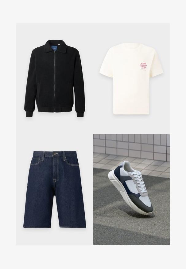 Čierna flísová bunda s uzáverom na zips, stojatým golierom, rebrovanými manžetami a bočnými vreckami s textúrovaným povrchom.; Biele tričko s krátkym rukávom s červeným textom "Studio Originals Edition" na ľavej hrudi, zobrazené na neutrálnom šedom pozadí.; Tmavomodré denimové šortky s rovný strihom, vybavené zapínaním na gombík, pútkami na opasok a tónovaným prešívaním. Bez viditeľných vzorov alebo ozdôb.; Biele, námornícke a šedé tenisky s kombinovaným materiálom, so štruktúrovaným zvrškom, plochými šnúrkami a polstrovanou podošvou.