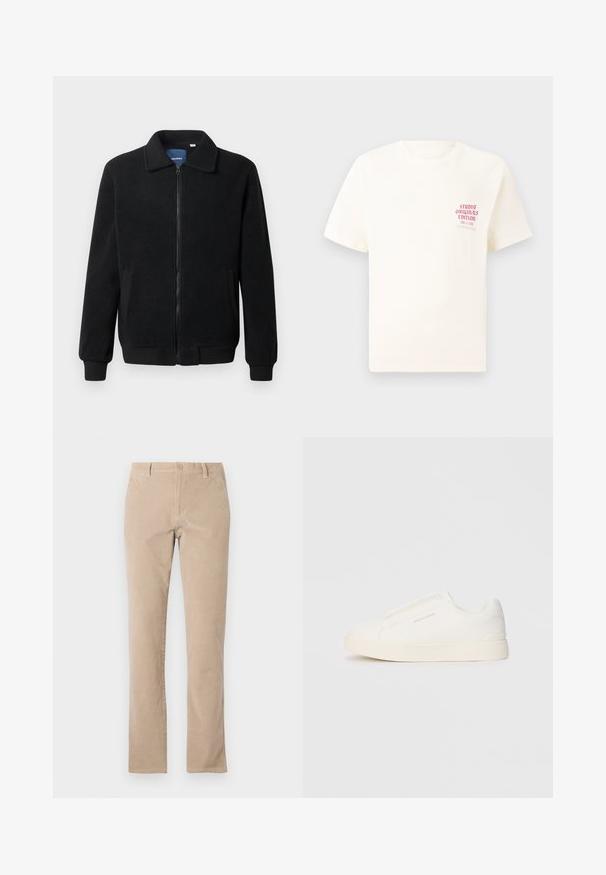 Casaco de polar preto com fecho de correr, gola alta, punhos canelados e bolsos laterais com uma superfície texturizada.; T-shirt branca de mangas curtas com o texto vermelho "Edição Originais do Estúdio" no lado esquerdo do peito, apresentada sobre um fundo cinza neutro.; Calças de veludo cotelê bege em algodão com um corte reto, apresentando fecho de botão, cinco bolsos e textura suave.; Sapatilhas brancas de atacar com uma superfície texturizada, sola grossa e design minimalista. Possui o logo da marca na lateral.