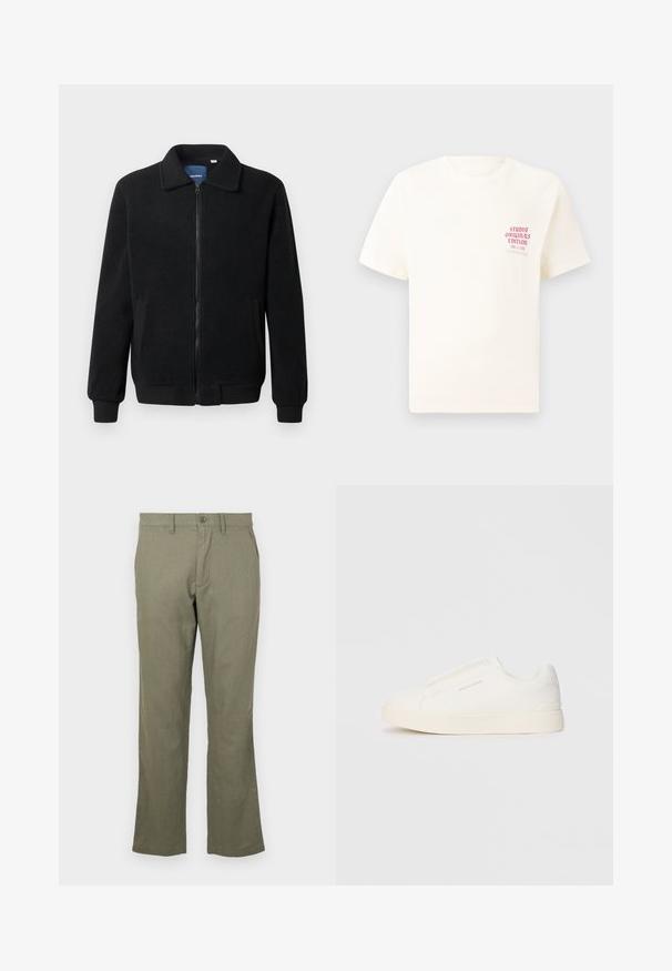 Fekete bolyhos dzseki cipzárral, állógallérral, bordázott mandzsettákkal és oldalzsebekkel, textúrált felülettel.; Fehér, rövid ujjú póló, bal mellen piros szöveggel "Studio Originals Edition", semleges szürke háttér előtt.; Kényelmes, olajzöld nadrág, puha anyagból készült. Egyenes lábcutjával, elülső zsebeivel és gombos záródásával rendelkezik. Nincs látható minta.; Fehér slip-on sportcipők texturált felülettel, vastag talppal és minimalista dizájnnal. Az oldalon a márka logója található.