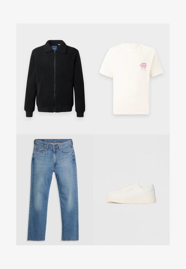 Melnā vilnas jaka ar rāvējslēdzēju, stāvošu apkakli, ribotām piedurknēm un sānu kabatām ar teksturētu virsmu.; Balts īsām piedurknēm T-krekls ar sarkanu tekstu "Studio Originals Edition" uz kreisā krūšu, pakārtots neitrālā pelēkā fonā.; Zilā taisno kāju džinsu bikses ar priekšējo pogu un rāvējslēdzēju, jostas cilpām un piecu kabatu dizainu uz baltā fona.; Baltas slip-on sporta apavi ar teksturētu virsmu, biezu zoli un minimālistisku dizainu. Sānos redzams zīmola logotips.