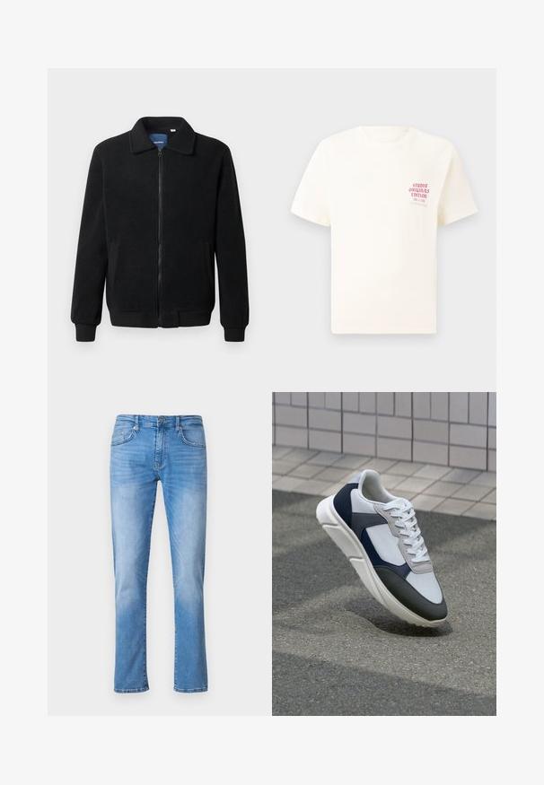 Zwarte fleece jas met een ritssluiting, staande kraag, ribgebreide manchetten en zijzakken met een textuur.; Witte T-shirt met korte mouwen met rode tekst "Studio Originals Edition" op de linker borst, weergegeven op een neutrale grijze achtergrond.; Lichtblauwe denim jeans met een recht gesneden ontwerp, met vijf zakken, een knoop- en ritssluiting, en subtiele vervagingpatronen.; Witte, marineblauwe en grijze sneaker met een gemengde materiaald ontwerp, met een gestructureerde bovenkant, platte veters en een gevoerde zool.