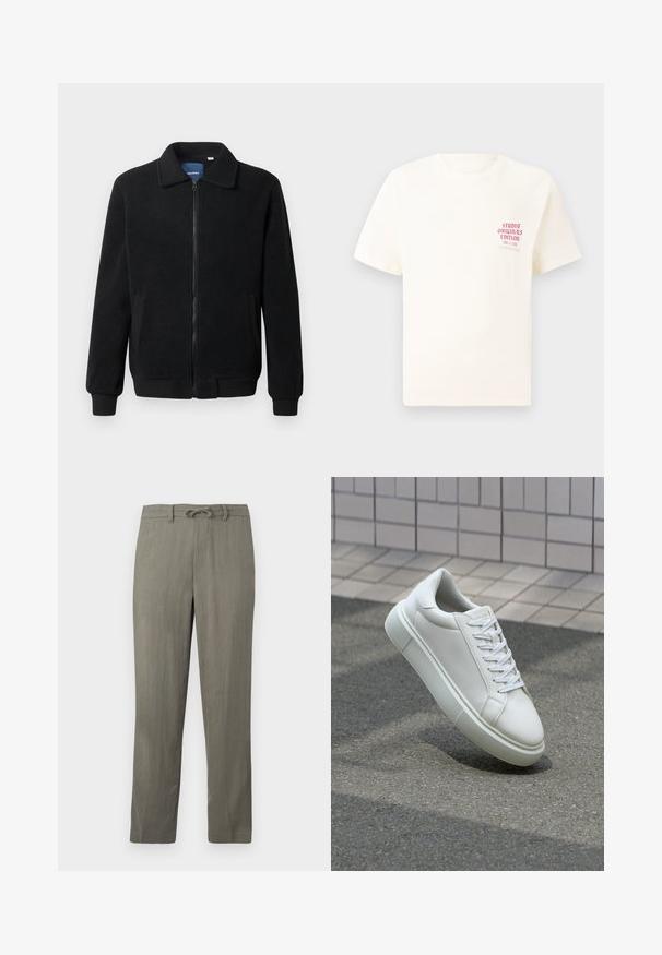 Veste en polaire noire avec fermeture éclair, col montant, poignets côtelés et poches latérales avec une surface texturée.; T-shirt blanc à manches courtes avec le texte rouge "Édition Originals du Studio" sur la poitrine gauche, présenté sur un fond gris neutre.; Pantalons pour homme en lin mélangé léger gris clair avec une taille à cordon, jambes droites et texture subtile ; dotés de poches standard et sans motifs visibles.; Baskets en cuir blanc avec une surface lisse, bout rond et lacets plats blancs. Présentent une semelle en caoutchouc texturée et des éléments de design minimalistes.