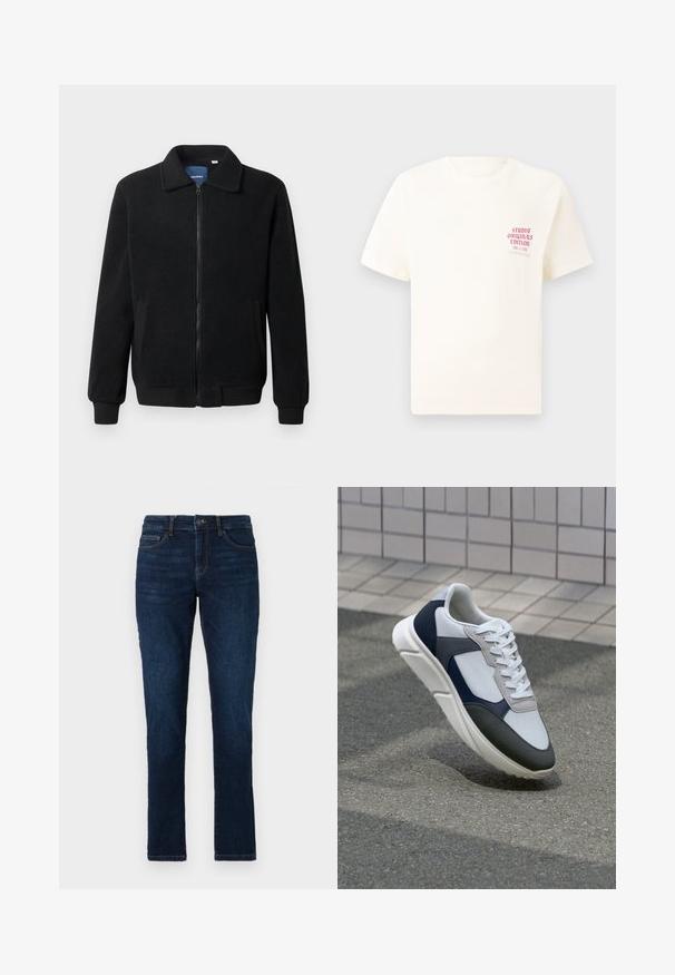 Jachetă din fleece neagră, cu închidere prin fermoar, guler înalt, manșete ribbate și buzunare laterale cu o suprafață texturată.; Tricou alb cu mânecă scurtă, având text roșu "Studio Originals Edition" pe partea stângă a pieptului, expus pe un fundal gri neutru.; Jeans de blugi de culoare albastru închis, cu o croială slim, design standard cu cinci buzunare și închidere cu nasture și fermoar. Textură netedă cu o decolorare minimă.; Tenisi albi, bleumarin și gri, cu un design din materiale mixte, având un superior texturat, șireturi plate și o talpă căptușită.