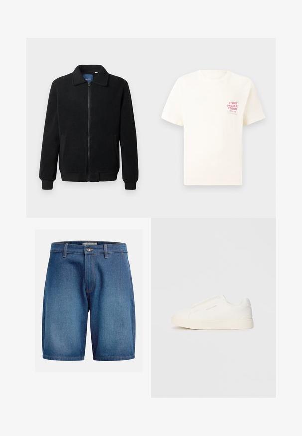 Veste en polaire noire avec fermeture éclair, col montant, poignets côtelés et poches latérales avec une surface texturée.; T-shirt blanc à manches courtes avec le texte rouge "Édition Originals du Studio" sur la poitrine gauche, présenté sur un fond gris neutre.; Shorts en denim avec un lavage bleu foncé, design classique à cinq poches, zip à fermeture à bouton et coutures contrastées.; Baskets blanches sans lacets avec une surface texturée, une semelle épaisse et un design minimaliste. Présente le logo de la marque sur le côté.