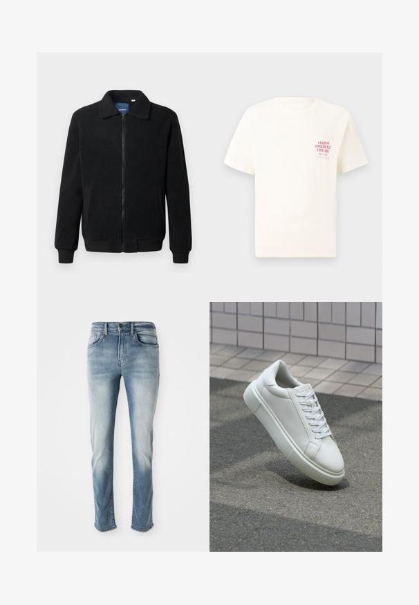 Fekete bolyhos dzseki cipzárral, állógallérral, bordázott mandzsettákkal és oldalzsebekkel, textúrált felülettel.; Fehér, rövid ujjú póló, bal mellen piros szöveggel "Studio Originals Edition", semleges szürke háttér előtt.; Világoskék farmernadrág klasszikus öt zsebes dizájnnal, enyhe kopással és egyenes szárú szabással. Gombos záródással és övhurkokkal rendelkezik.; Fehér bőr sportcipő sima felülettel, kerek orral és lapos fehér fűzőkkel. Texturált gumitalppal és minimális dizájnelemekkel rendelkezik.