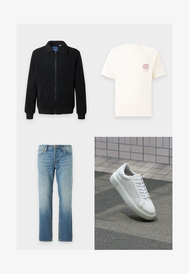Casaco de polar preto com fecho de correr, gola alta, punhos canelados e bolsos laterais com uma superfície texturizada.; T-shirt branca de mangas curtas com o texto vermelho "Edição Originais do Estúdio" no lado esquerdo do peito, apresentada sobre um fundo cinza neutro.; Jeans de denim azul claro com um design de perna reta, apresentando um acabamento desbotado, rebites de cobre e o clássico estilo de cinco bolsos.; Tênis de couro branco com superfície lisa, bico redondo e cadarços brancos planos. Apresenta uma sola de borracha texturizada e elementos de design minimalistas.