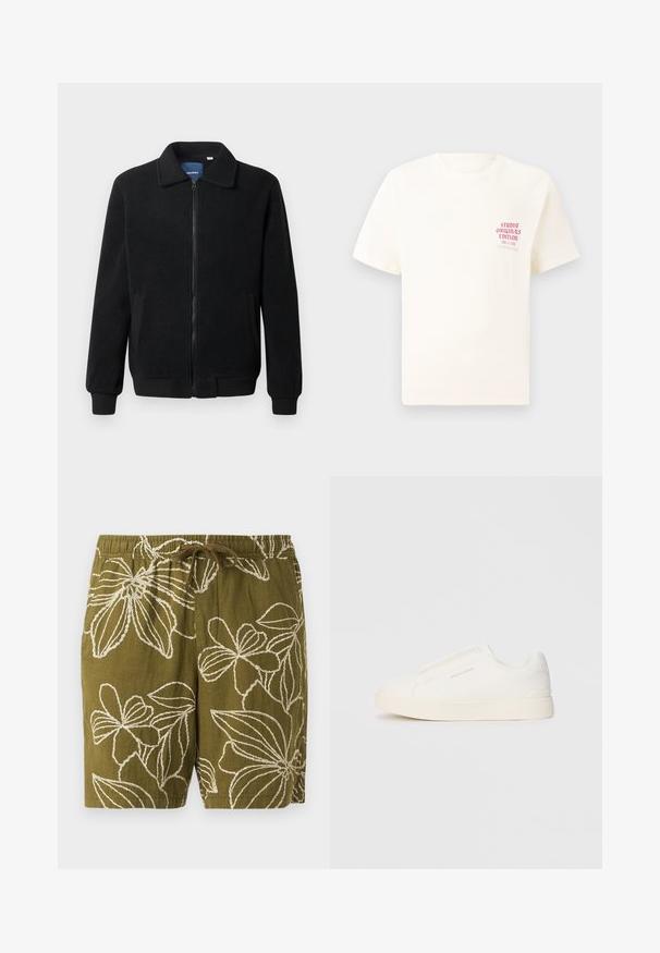 Black fleece jacket featuring a zip closure, stand collar, ribbed cuffs, and side pockets with a textured surface.; White short-sleeve T-shirt with red text "Studio Originals Edition" on left chest, displayed on a neutral gray background.; Olive green linen shorts with white floral embroidery, featuring an elastic waistband and drawstring for adjustable fit.; White slip-on sneakers with a textured surface, a thick sole, and minimalistic design. Features brand logo on the side.