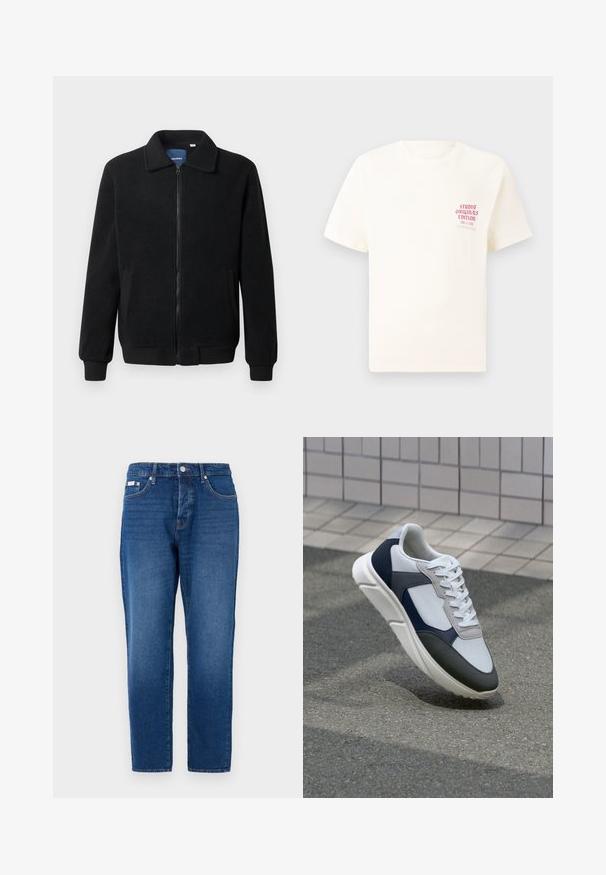 Casaco de polar preto com fecho de correr, gola alta, punhos canelados e bolsos laterais com uma superfície texturizada.; T-shirt branca de mangas curtas com o texto vermelho "Edição Originais do Estúdio" no lado esquerdo do peito, apresentada sobre um fundo cinza neutro.; Jeans de denim azul com corte reto, apresentando cinco bolsos, passantes para cinto e detalhes em metal. Textura suave e design clássico.; Sapatilhas brancas, azuis-marinho e cinzas com um design de materiais mistos, apresentando uma parte superior texturizada, atacadores planos e uma sola acolchoada.