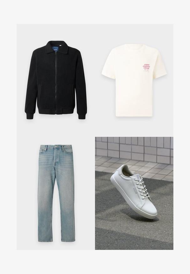 Casaco de polar preto com fecho de correr, gola alta, punhos canelados e bolsos laterais com uma superfície texturizada.; T-shirt branca de mangas curtas com o texto vermelho "Edição Originais do Estúdio" no lado esquerdo do peito, apresentada sobre um fundo cinza neutro.; Jeans de ganga azuis claros com design de perna reta, apresentam cinco bolsos clássicos, fecho de botão e desvanecimento subtil para textura.; Sapatilha branca feita de couro texturizado, com atacadores na parte da frente, sola de borracha resistente e design minimalista com biqueira reforçada.