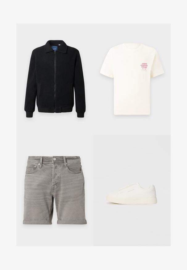Μαύρο φλις μπουφάν με κλείσιμο με φερμουάρ, όρθιο γιακά, λαστιχένια μανίκια και πλάγιες τσέπες με υφή.; Άσπρη κοντομάνικη μπλούζα με κόκκινο κείμενο "Studio Originals Edition" στο αριστερό στήθος, παρουσιασμένη σε ουδέτερο γκρι φόντο.; Γκρι τζιν σορτσάκια με κλασικό σχέδιο πέντε τσεπών, αναδιπλωμένο στρίφωμα και κούμπωμα από μέταλλο. Λείο υλικό με διακριτική φθορά.; Λευκά slip-on παπούτσια με υφή, παχύ πάτο και μινιμαλιστικό σχέδιο. Φέρει το λογότυπο της μάρκας στο πλάι.