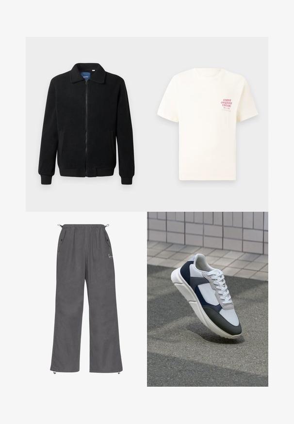 Černá fleecová bunda s zipovým uzávěrem, stojáčkem, vroubkovanými manžetami a bočními kapsami s texturovaným povrchem.; Bílý krátký rukávový tričko s červeným textem "Studio Originals Edition" na levé hrudi, vystavené na neutrálním šedém pozadí.; Šedé kalhoty s širokými nohavicemi vyrobené z měkké tkaniny. Mají elastický pás, boční kapsy a zipové manžety. Jednoduchý design s minimálními detaily.; Bílé, námořnické a šedé tenisky s kombinovaným materiálovým designem, který zahrnuje texturovaný svršek, ploché šňůrky a polstrovanou podešev.