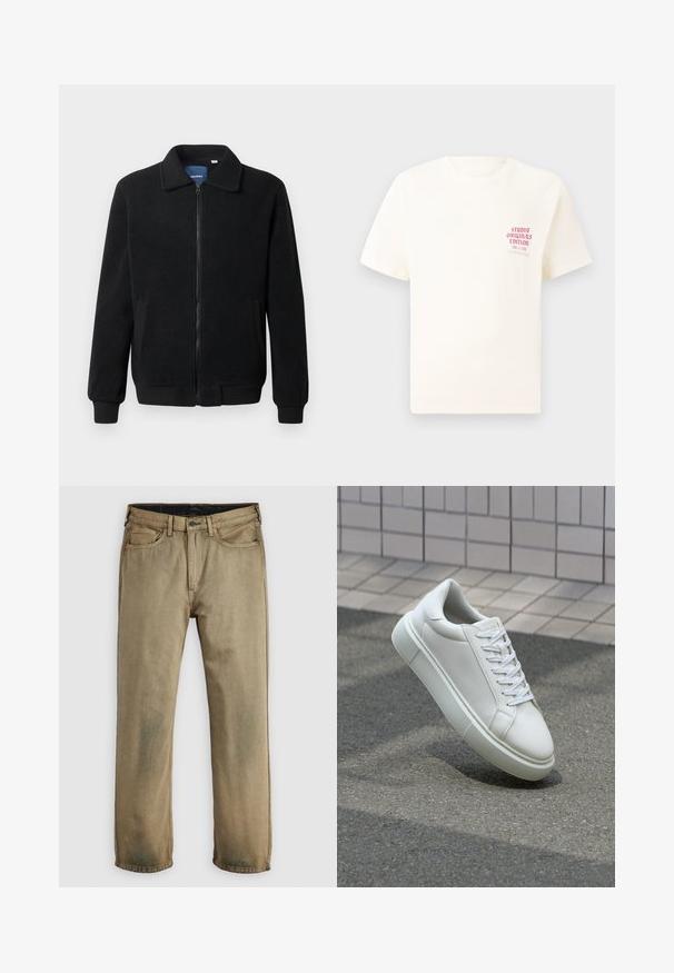 Svart fleece jakke med glidelås, høy krage, ribbestrikkede mansjetter og sidelommer med strukturert overflate.; Hvit T-skjorte med korte ermer og rød tekst "Studio Originals Edition" på venstre bryst, vist på en nøytral grå bakgrunn.; Kaki-fargede rette bukser med fem lommer, knappelukking og beltesløyfer, liggende flatt på en hvit bakgrunn.; Hvit lær sneaker med glatt overflate, rund tå og flate hvite snøringer. Har en teksturert gummisåle og minimale design elementer.