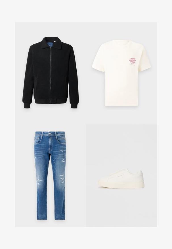 Casaco de polar preto com fecho de correr, gola alta, punhos canelados e bolsos laterais com uma superfície texturizada.; T-shirt branca de mangas curtas com o texto vermelho "Edição Originais do Estúdio" no lado esquerdo do peito, apresentada sobre um fundo cinza neutro.; Jeans de ganga em um tom azul claro com um corte regular. Apresentam detalhes desgastados e um leve efeito de surrados perto dos bolsos e dos joelhos.; Sapatilhas brancas de atacar com uma superfície texturizada, sola grossa e design minimalista. Possui o logo da marca na lateral.