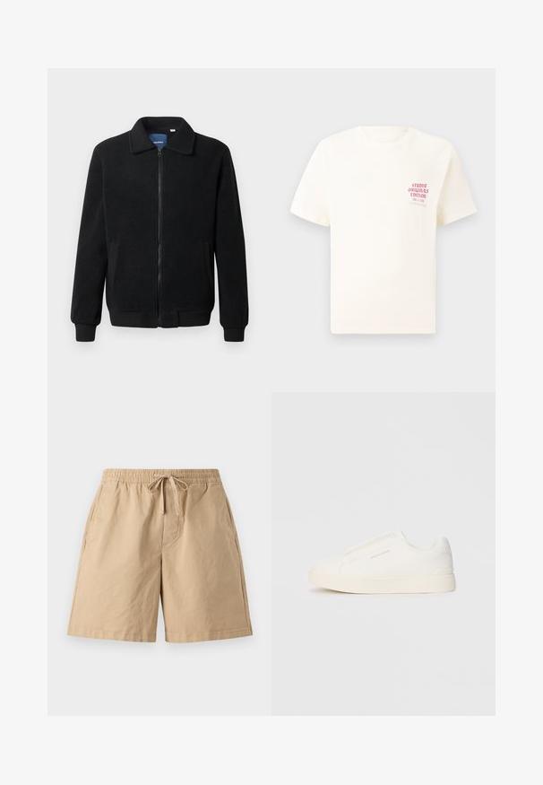 Black fleece jacket featuring a zip closure, stand collar, ribbed cuffs, and side pockets with a textured surface.; White short-sleeve T-shirt with red text "Studio Originals Edition" on left chest, displayed on a neutral gray background.; Beige cotton shorts with an elastic waistband and adjustable drawstring, featuring side pockets and a relaxed fit. Smooth texture, knee-length.; White slip-on sneakers with a textured surface, a thick sole, and minimalistic design. Features brand logo on the side.